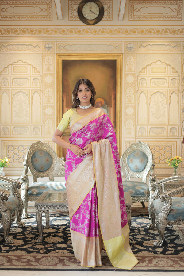 Kanjivaram Silk Saree with Zari Weaving and Unstitched Blouse