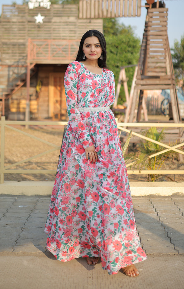 Faux Georgette Digital Floral Print Gown with Dupatta & Belt