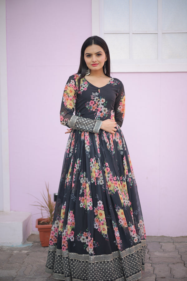 Digital Printed Faux Georgette Gown with Embroidery & Sequins