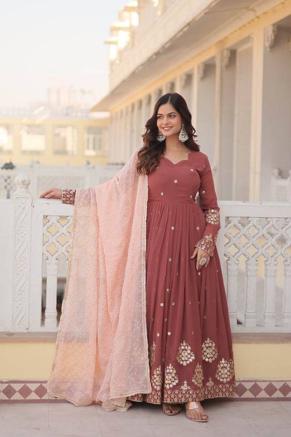 Faux Georgette Embroidered Gown with Russian Silk Dupatta