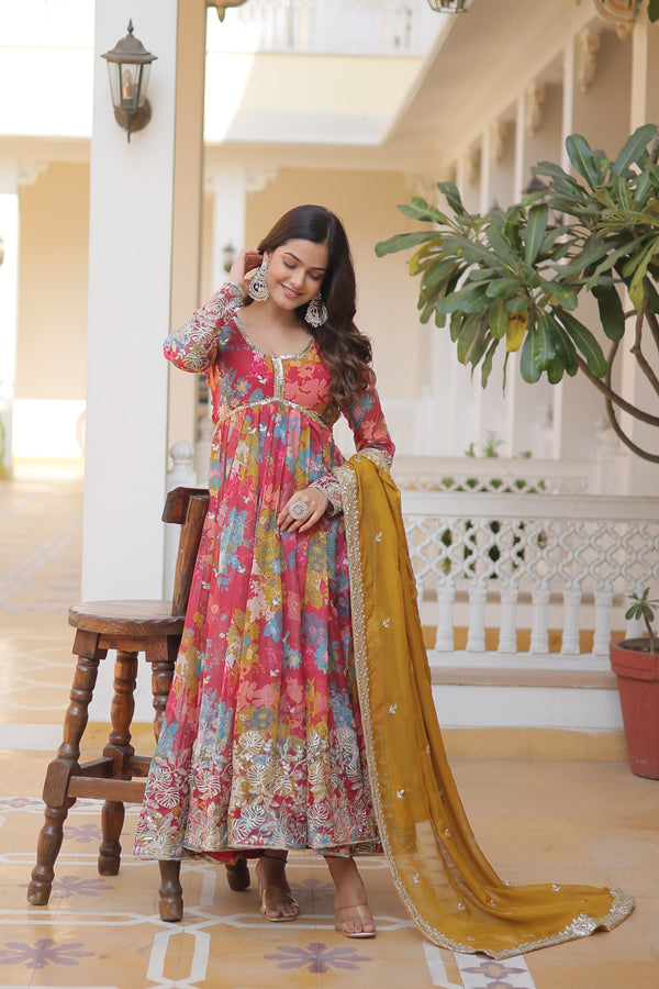 Digital Printed Russian Silk Embroidered Suit with Dupatta