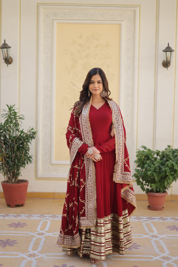 Faux Blooming Embroidered Gown with Dupatta (Maroon)