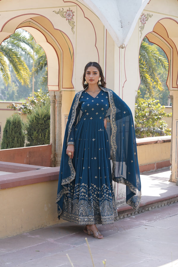 Embroidered Faux Georgette Gown with Dupatta