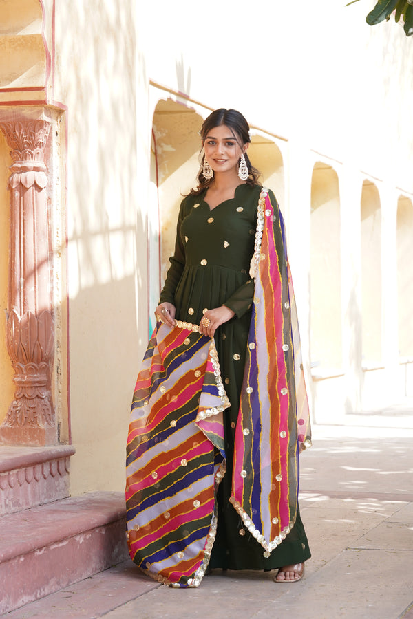 Graceful Zari & Sequins Embroidered Gown with Digital Print Dupatta