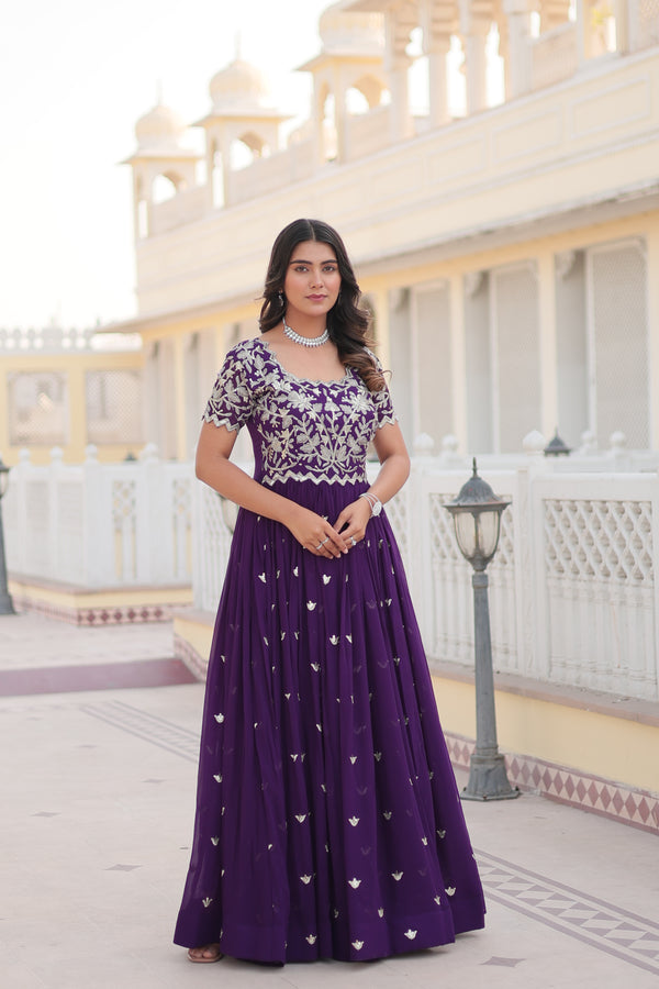 Elegant Faux Blooming Embroidered Gown with Cutwork Sleeves