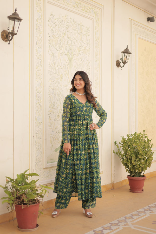 Foil Print Faux Georgette Suit with Elegant V-Neck & Elastic Waist Bottom