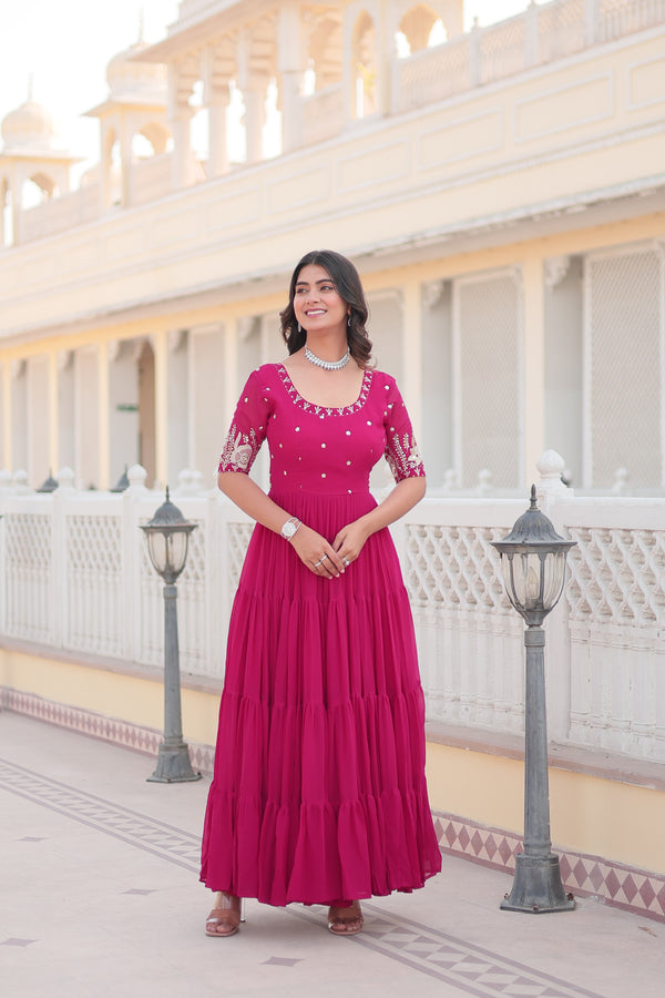 Faux Blooming Embroidered Gown with 12-Meter Flair & Round Neck