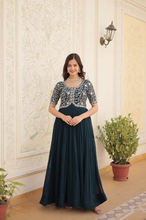 Faux Blooming Embroidered Gown with Round Neck & Half Sleeves