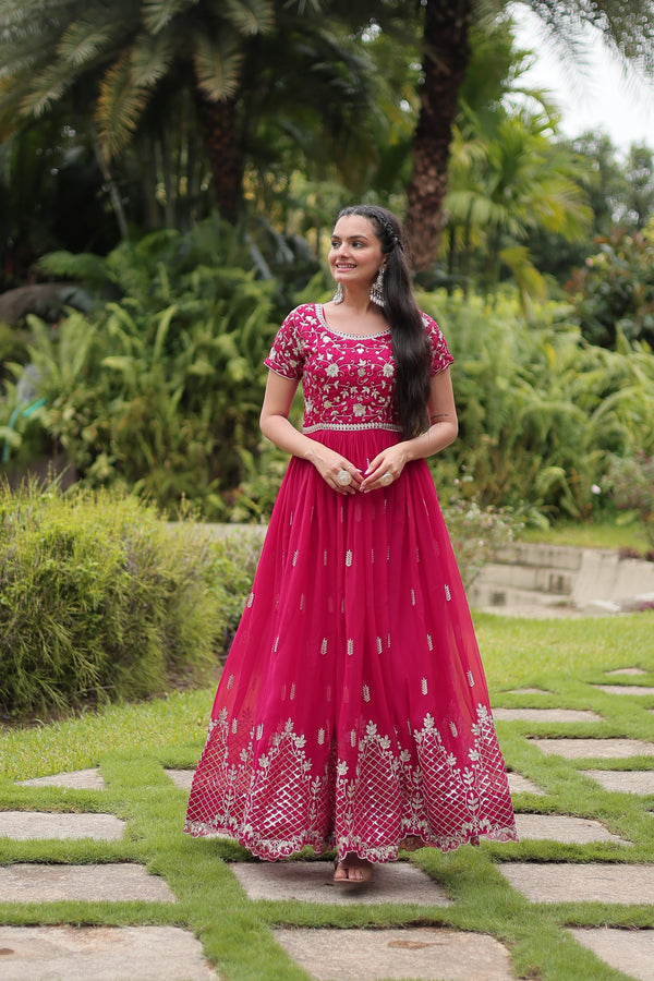 Faux Blooming Embroidered Gown with Short Sleeves