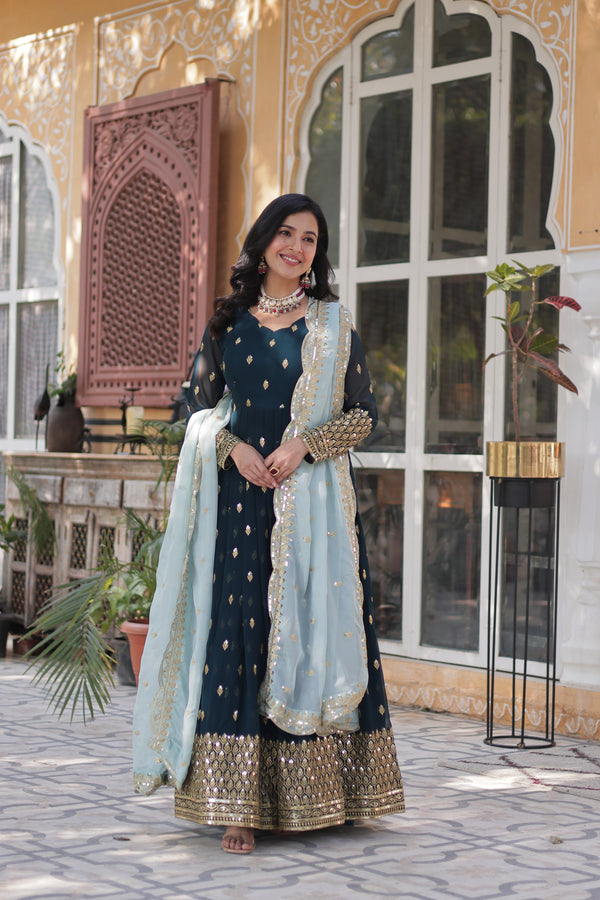 Elegant Faux Blooming Gown with Embroidered Tabby Silk Dupatta