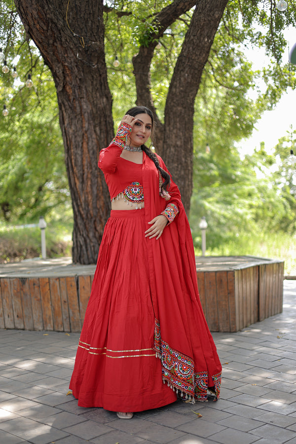 Red Reyon Lehenga | Gota-Patti & Mirror Embroidery