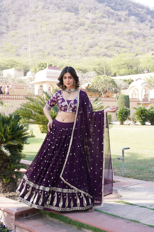 Faux Blooming Embroidered Sequins Lehenga Set with Lace Dupatta