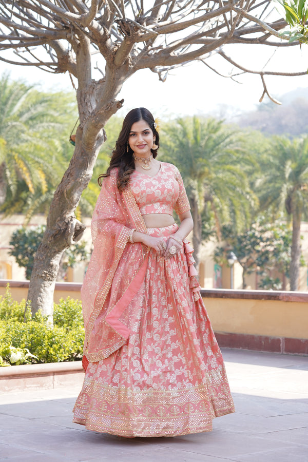 Viscose Jacquard Embroidered Lehenga with Organza Dupatta