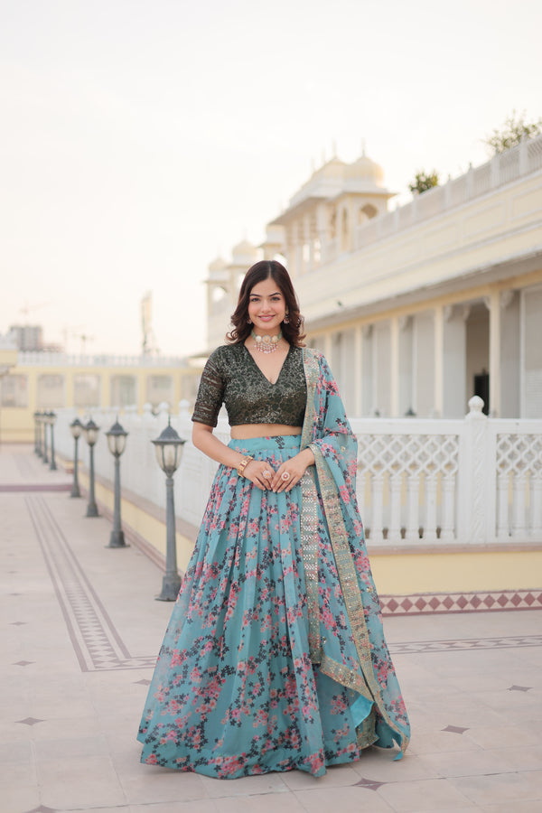 Russian Silk Lehenga with Digital Print & Sequins Embroidered Blouse