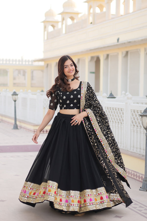 Faux Blooming Georgette Lehenga with Heavy Sequins Embroidery in Black