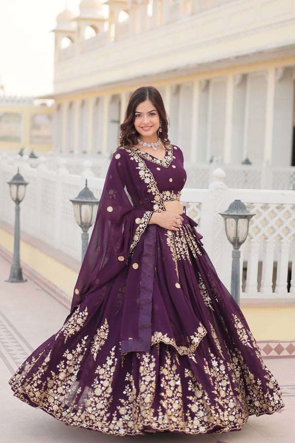 Faux Blooming Georgette Lehenga with Sequins Embroidery in Wine