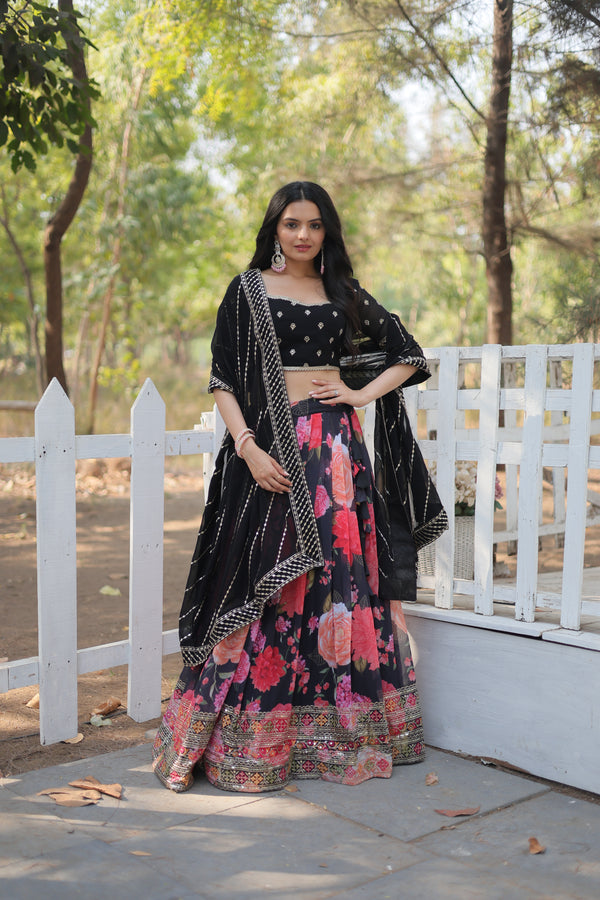 Digital Printed Georgette Lehenga with Sequined Embroidered Dupatta