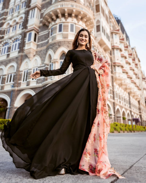 Faux Blooming Gown with Double-Layered Flair & Embroidered Organza Dupatta