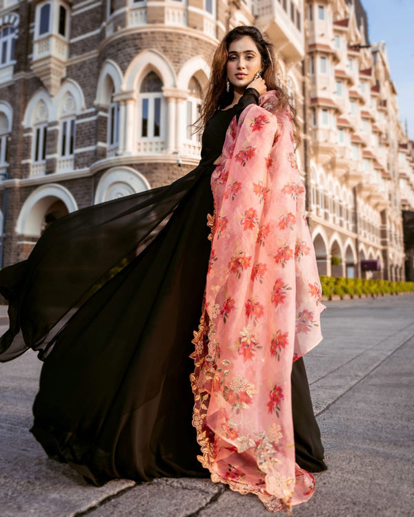 Faux Blooming Double Layered Gown with Bright Organza Dupatta