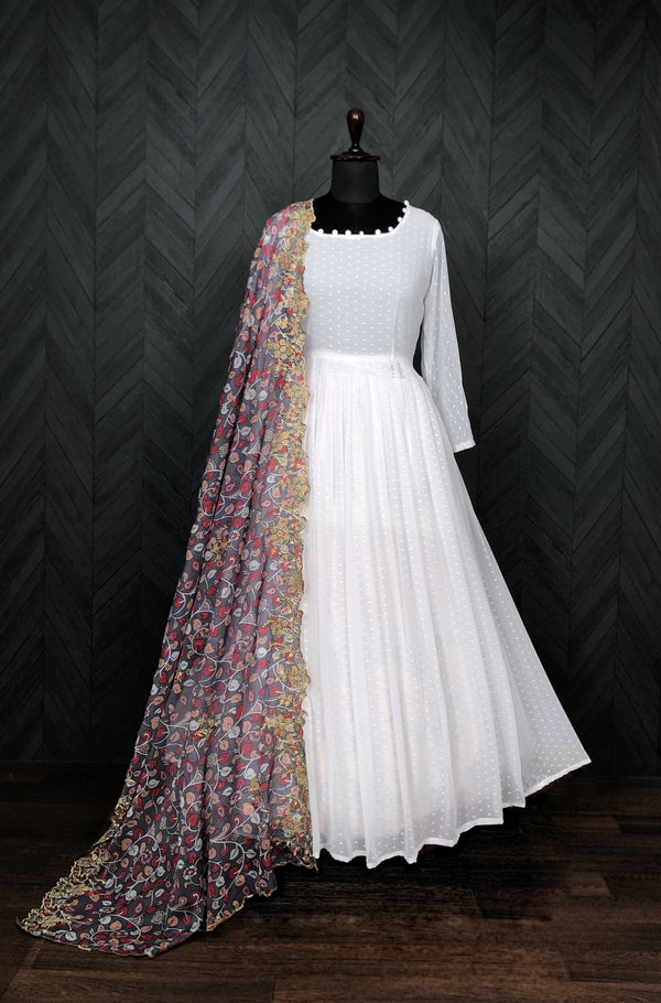 Georgette Thousand Butti Gown with Embroidered Organza Dupatta