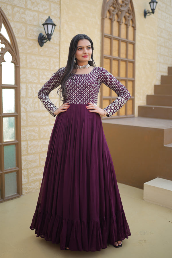 Faux Blooming Gown with Sequins & Zari Embroidery in Pink and Wine