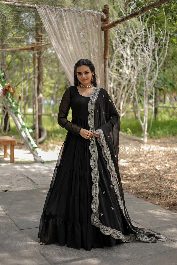 Elegant Faux Blooming Gown with Layered Frills & Sequined Dupatta