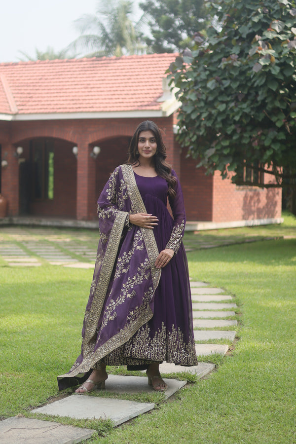 Faux Blooming Gown with Multi-Sequins Embroidery & Dupatta – Elegant & Free Size