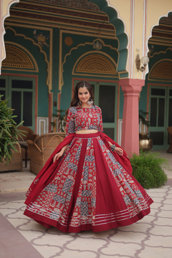 Printed Reyon Kali Pattern Lehenga with Full-Sleeve Blouse & Dupatta